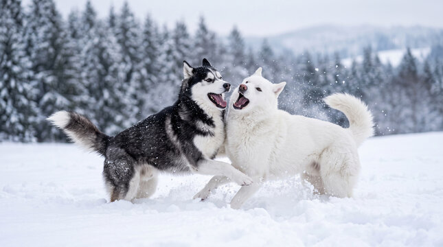 Two playful husky dogs wrestling and playing in the snow during winter