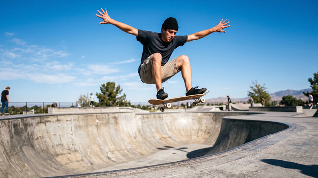 Skateboarder performing a trick mid air at a concrete skatepark on a sunny day