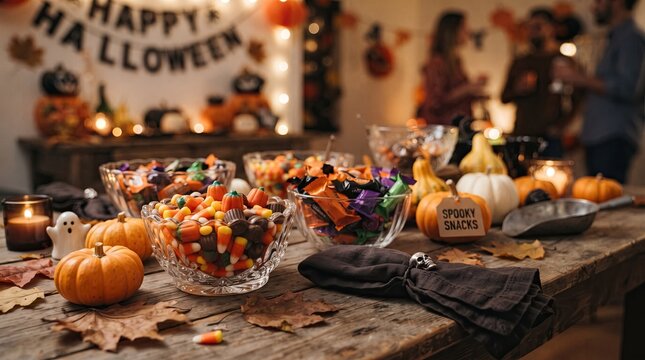 Festive halloween candy buffet with pumpkins and decorations for a party celebration