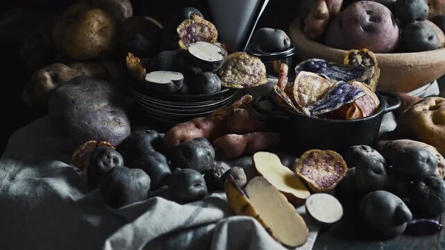 Assorted native Peruvian potatoes and purple chips in a rustic setting.