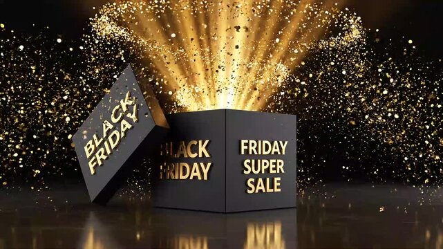 Black Friday super sale gift box with exploding gold glitter, luxury holiday shopping background, festive golden particles burst