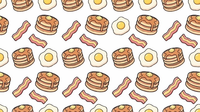 A seamless pattern featuring breakfast pancakes bacon and fried eggs