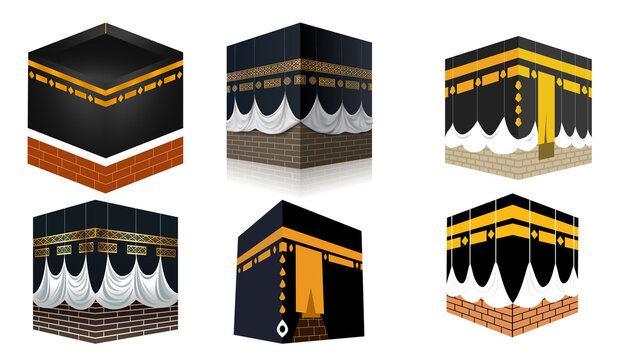 Illustrative collection showcasing diverse stylized designs of a sacred cuboid building, central to spiritual pilgrimage and worship, representing a significant holy structure