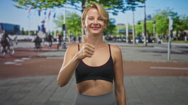 Woman in black sports bra shows thumbs up and makes ok gesture, bare midriff visible, smiling while standing on street with bicycles and flags in view; confidence wellness vitality.