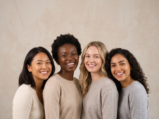 Fototapeta premium Four Diverse Multi-Ethnic Women Smiling Together Studio Portrait with Copy Space