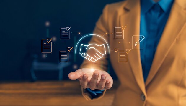 Businessman manage digital procurement process with business contract, invoice, approval documents, representing B2B sourcing, vendor management, supply chain