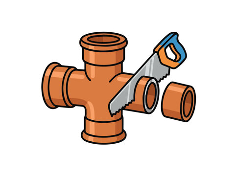 Illustration of a PVC pipe fitting being cut by a hand saw tool