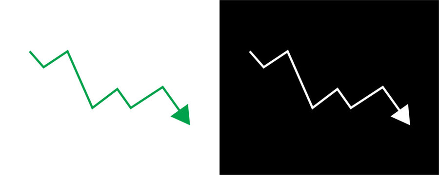Financial line graph showing downward trend and economic decline represented by zigzag arrow symbol in green and white colors on contrasting