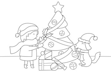 Fototapeta premium Little kid with a dog decorating a Christmas tree vector