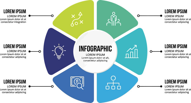 Circular infographic diagram with six colorful segments displaying business icons.