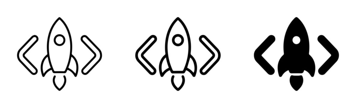 Rocket Launch Icons, Coding Symbols, Startup Project Vector Graphics, Technology Development