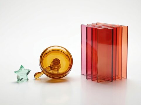 Colorful translucent glass objects arranged as a modern abstract still life