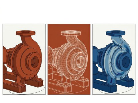 Industrial centrifugal pump illustration with blueprint wireframe and color variations