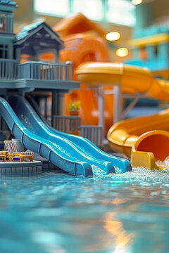 A small toy house with a colorful water slide in the pool, perfect for imaginative play. vertical frame