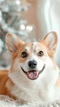 A cheerful corgi lies on a soft, cream-colored knit blanket next to a decorated Christmas tree. The background features a cozy fireplace, enhancing the warm, inviting holiday setting.