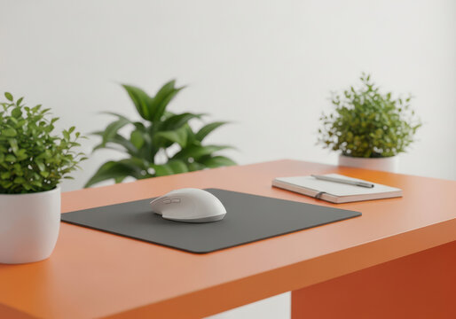 Modern wireless computer mouse on a dark pad at a bright orange desk