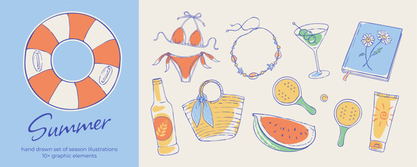Fototapeta premium Watercolor sketch set of vintage coastal vacation icon collection. Beach element bundle with bikini and cocktail, watermelon and lifebuoy. Summer italian travel design for posters social media with