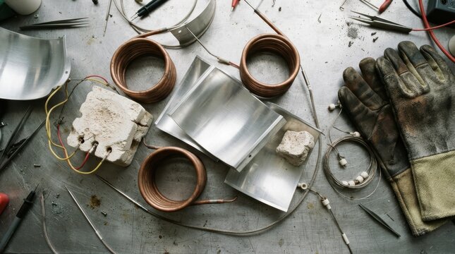 Parabolic reflector segments with copper coils, thermocouple probes, and heat resistant gloves on a metal workbench