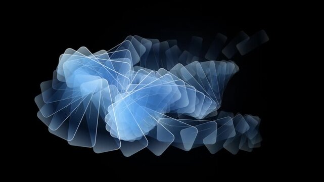 Abstract blue glass plates motion, floating translucent geometric shapes on black, futuristic digital data visualization background