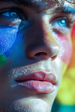 A close-up shot of a person with a colorful rainbow design on their face, great for artistic expressions and creative projects. vertical frame