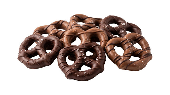 Chocolate covered pretzels with sea salt sprinkled on transparent background for sweet snack indulgence.