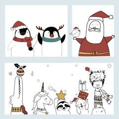 Fototapeta premium Hand drawn Santa Claus and animals enjoying a Christmas holiday