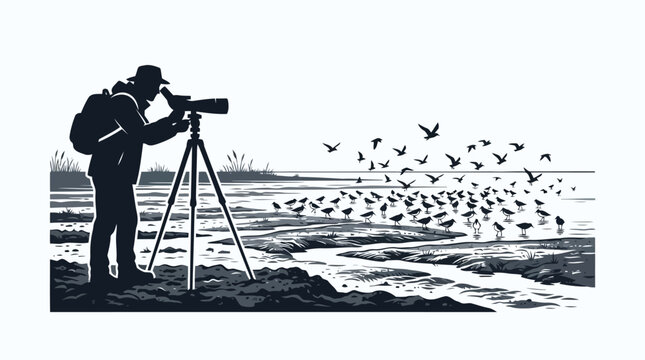Bird watcher using spotting scope on tripod observing flock of shorebirds by wetland vector illustration