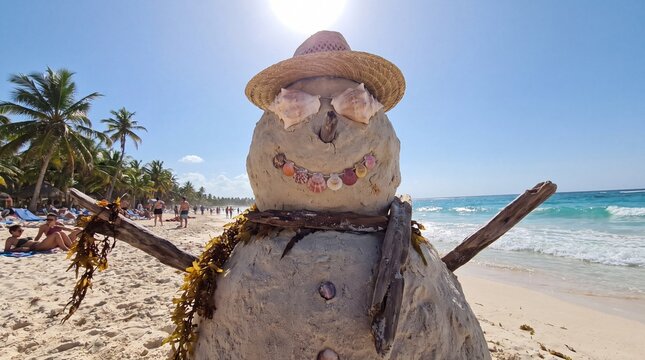Beach Sandman: Whimsical Sand Sculpture with Seashells and Driftwood on Tropical Coast