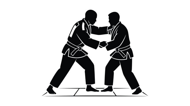 Two martial arts fighters grappling in judo match vector graphic silhouette