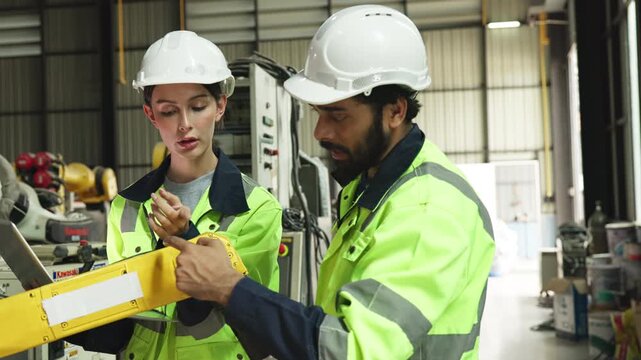 Engineers discussing laptop data in factory