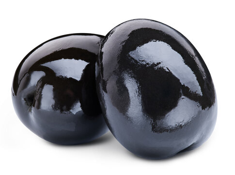 Organic two black olives close up. Black olive isolated on white background with clipping path