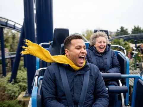 Roller coaster riders laughing on a theme park thrill ride