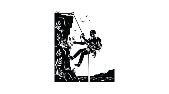Alpinist rock climber descending steep cliff face with rope vector graphic