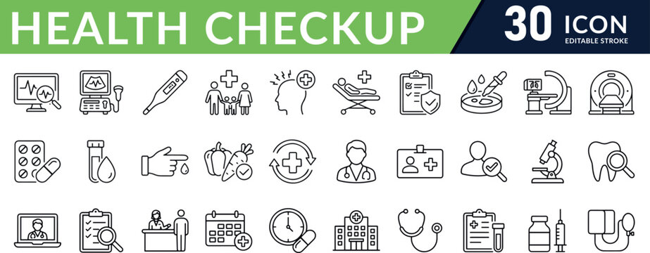 Health checkup Web Icon Set in Linear Style. Collection of medical check up, line icons, including healthcare, diagnosis, hospital, stethoscope, tests, health insurance, patient. Editable stroke
