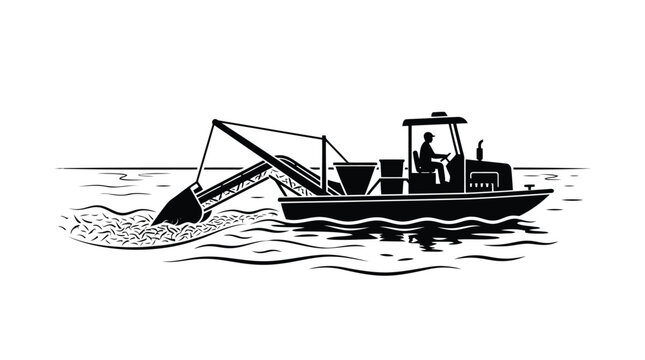 Dredger boat operating on water dredging riverbed silhouette vector art