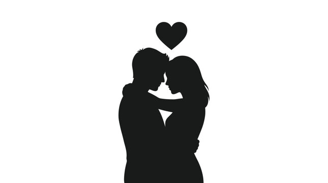 Couple embracing in silhouette with heart shape above against white background