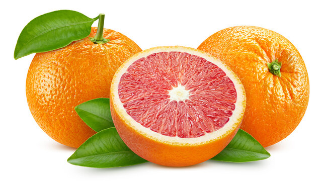 Isolated whole orange and half. Red orange citrus fruit on white background with clipping path