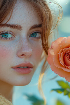 A beautiful young woman holds a rose in her hand, capturing the essence of love and romance. vertical frame