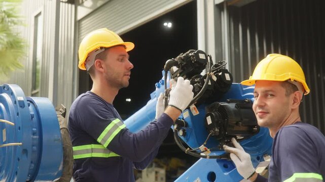 Workers maintaining robotic arm in factory