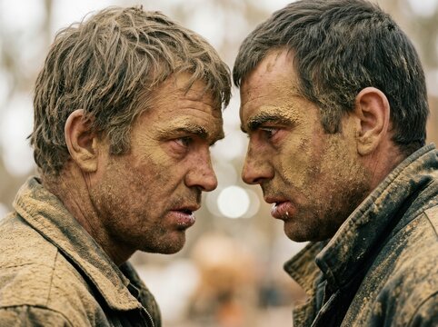 Mud Splattered Rivals Locked in an Intense Close Up Standoff