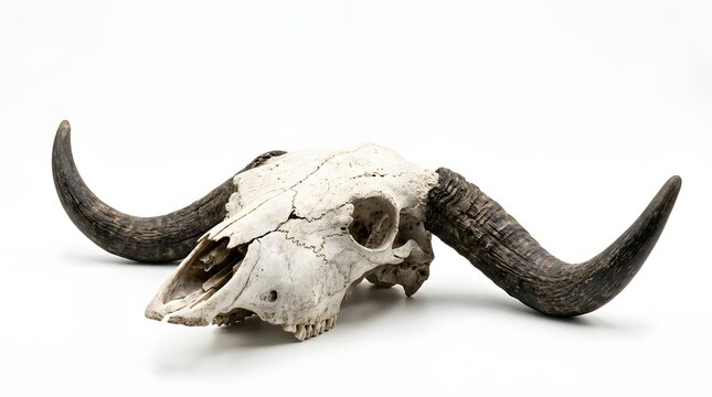 Rustic Animal Skull with Large Curved Horns in White Studio
