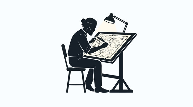 Architectural draftsman sketching vintage map on drafting table with lamp vector illustration