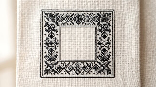 Detailed black embroidery frame on white linen fabric with geometric patterns and floral motifs