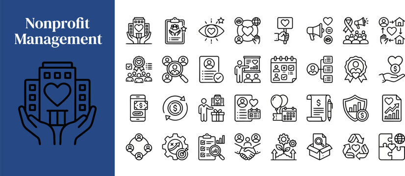 Charity Operations outline icon set. Featuring heart, volunteer, donation box, team, and calendar symbols. Editable stroke vector icons for community program website and nonprofit workflow system.