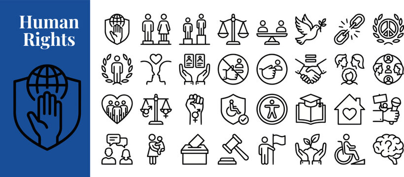 Equality Justice outline icon set. Featuring raised fist, people, balance scale, peace, and accessibility symbols. Editable stroke vector icons for humanitarian toolkit and inclusion campaign.