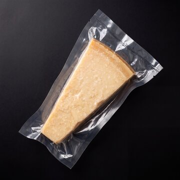 A wedge of hard cheese, possibly Parmesan, is vacuum-sealed in clear plastic packaging against a dark, moody background, showcasing its texture and ripeness.