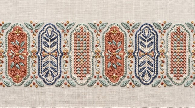 Detailed embroidered border design with floral and geometric motifs on a light linen background