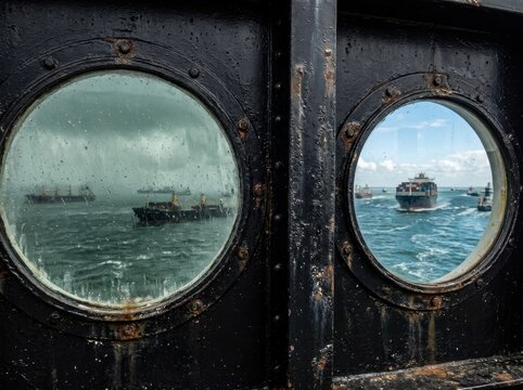 Harbor Porthole View of Boats at Sea from a Ship