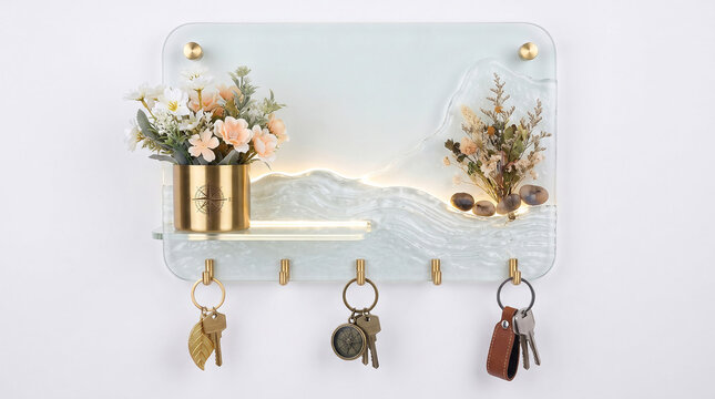 Decorative key holder with artificial flowers, dried plants, and LED light for entryway organization.