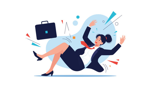 Clumsy business woman falling down with her briefcase flying in the air amidst scattered geometric shapes.